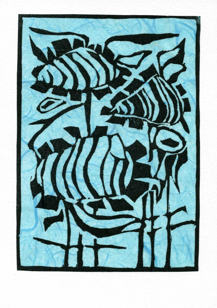 'Sunflower',  relief on blue mulbery; from the Art In An Envelope Series