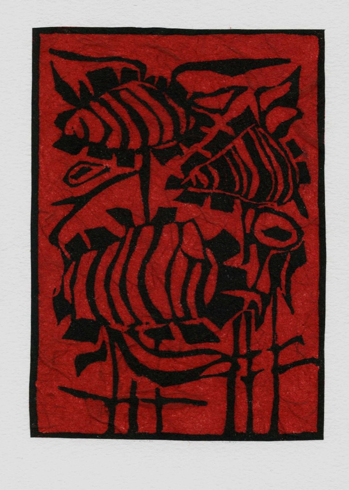 'Sunflower', relief on red mulberry; from the Art In An Envelope Series