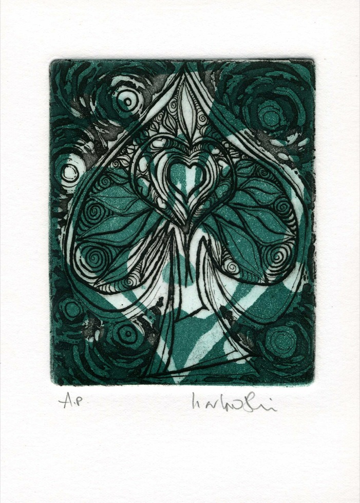 'Upside down Hearts and Spades', B.T, intaglio, limited edition; from the Art In An Envelope Series