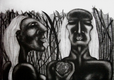 Adam and Eve and Apple etching, from the Mythology series.