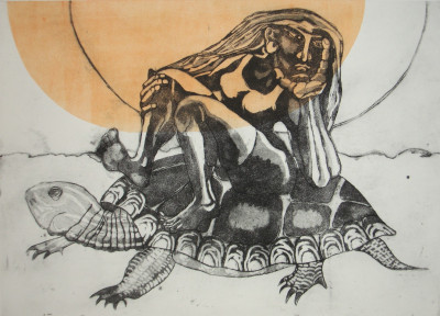 Geezhigo-Quae sitting on the turtle in the sky.