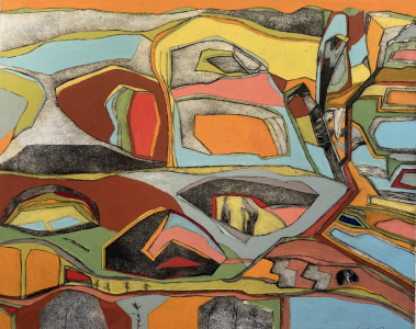 Orange sky over Quizans - etching soft pastel oil 400 x 500