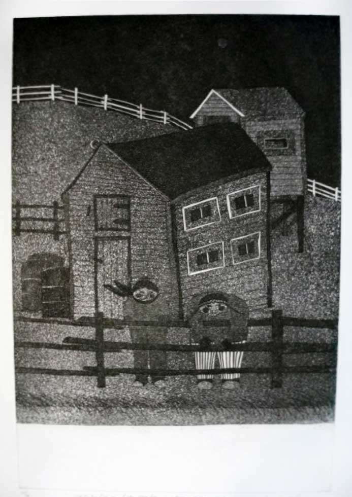 St. Michael's Fishsheds in the Snow, etching, 455 x 300